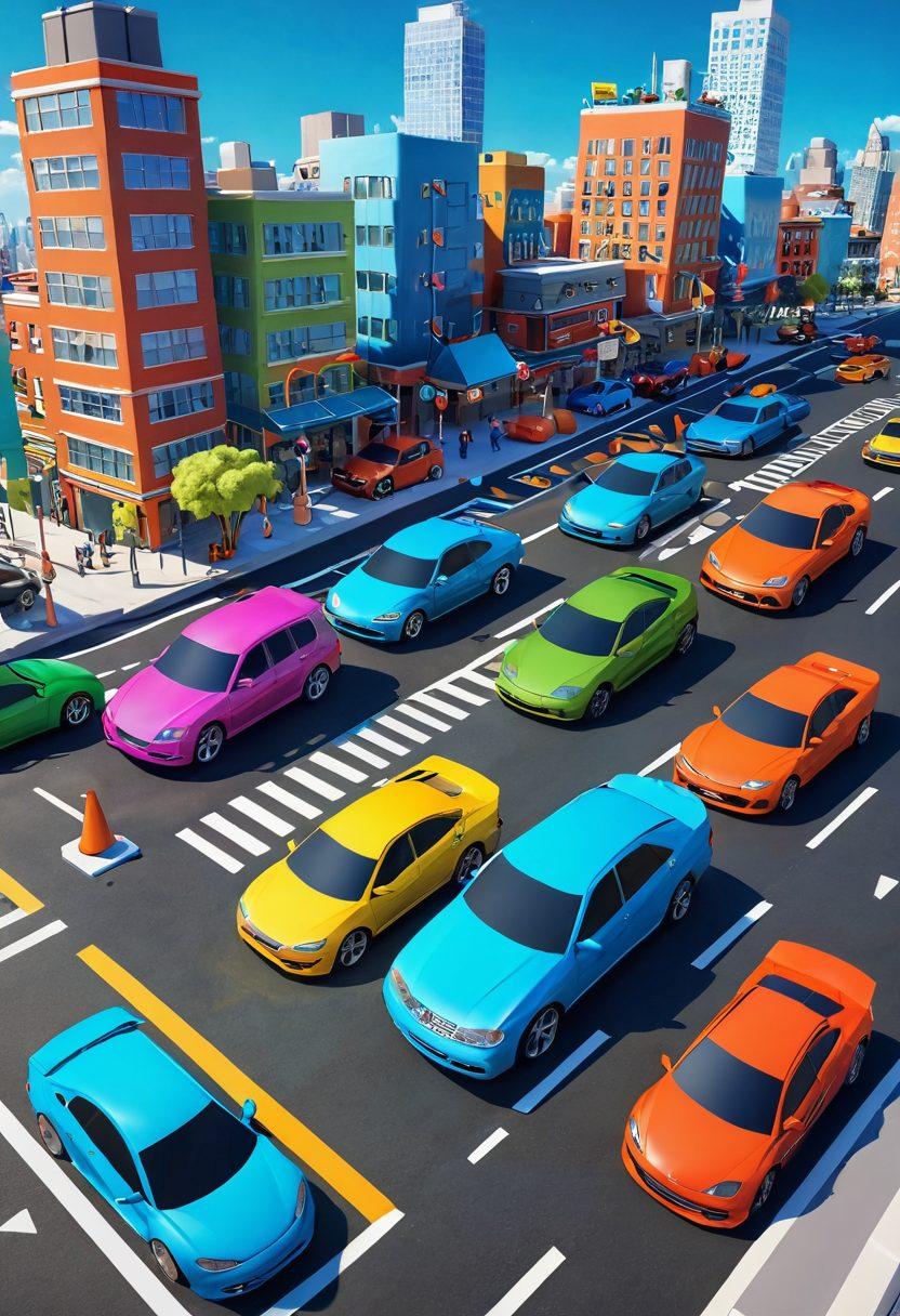 A vibrant 3D scene showcasing a colorful cityscape with various vehicles skillfully navigating through complex parking challenges. Include playful elements like cartoonish cars, obstacles like cones and ramps, and enthusiastic players working together to solve the parking puzzle, all set under a bright blue sky. Make it engaging and fun, with a sense of teamwork and excitement. vibrantly colored. 3D. dynamic composition.