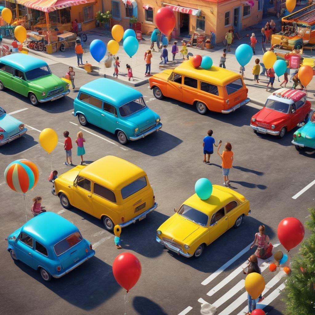 A lively 3D scene showcasing a colorful parking lot filled with playful vehicles of various shapes and sizes, including cars, bicycles, and an ice cream truck. In the background, families and friends are joyfully interacting, some playing games while others explore an obstacle course. Bright balloons and banners enhance the festive atmosphere, highlighting a sense of adventure and fun. super-realistic. vibrant colors. 3D.